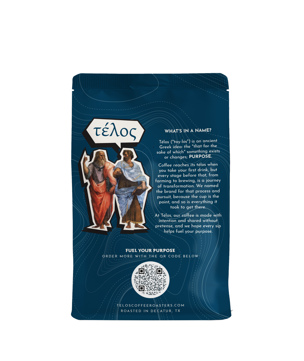 Back of a Télos Coffee Roasters bag explaining the meaning of télos