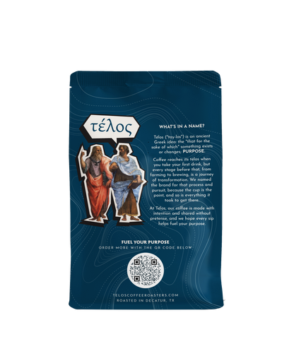 Back of a Télos Coffee Roasters bag explaining the meaning of télos