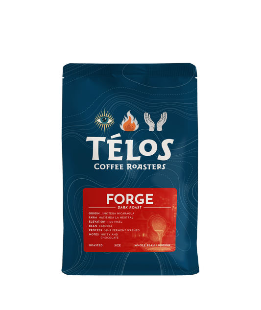Télos Coffee Roasters Forge dark roast coffee bag, front