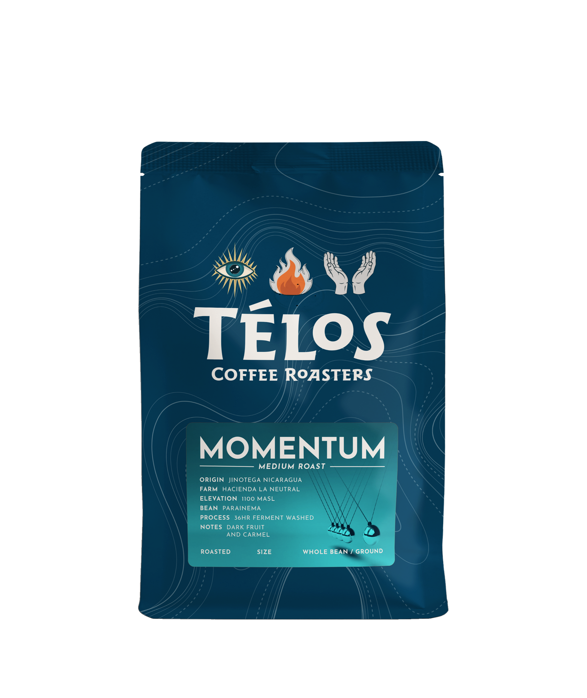 Télos Coffee Roasters Momentum medium roast coffee bag, front
