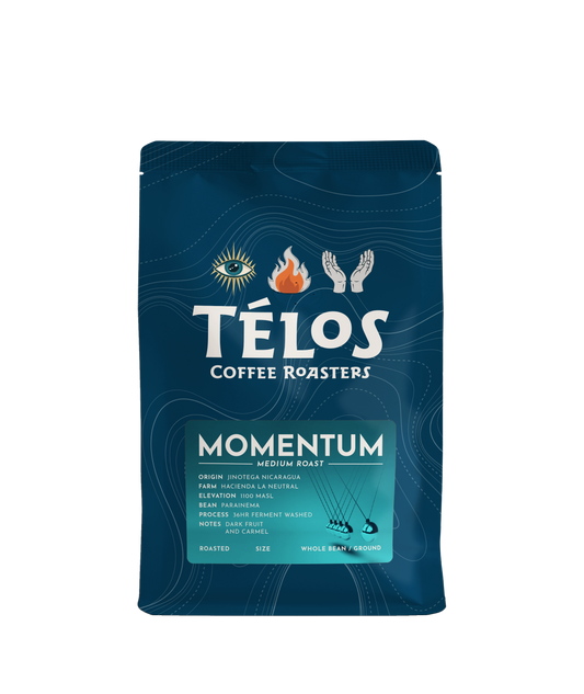 Télos Coffee Roasters Momentum medium roast coffee bag, front