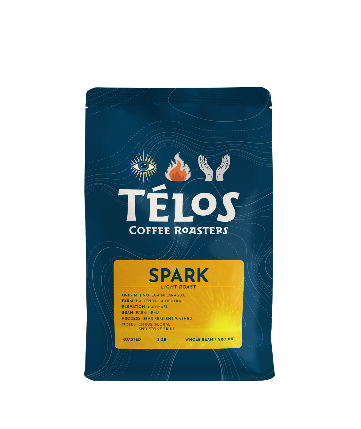 Télos Coffee Roasters Spark light roast coffee bag, front