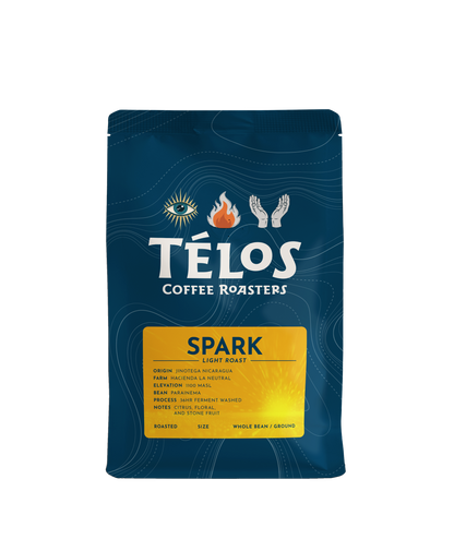 Télos Coffee Roasters Spark light roast coffee bag, front