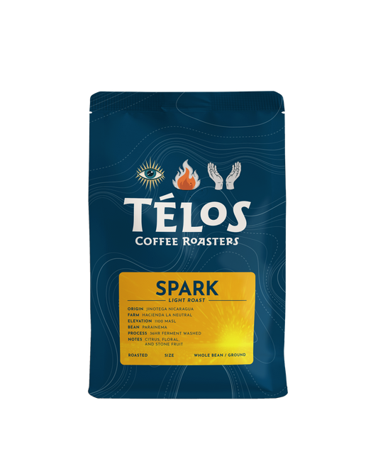 Télos Coffee Roasters Spark light roast coffee bag, front